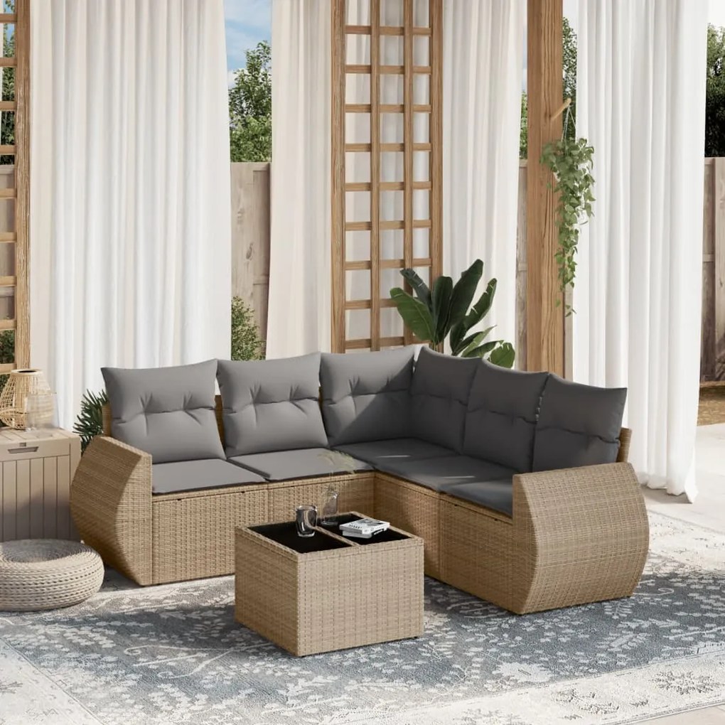 6 pcs conjunto de sofás p/ jardim com almofadões vime PE bege