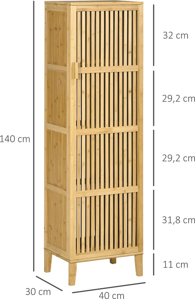 Móvel de arrumação em bambu com prateleiras e porta de design com ripas para casa de banho 40 x 30 x 140 cm