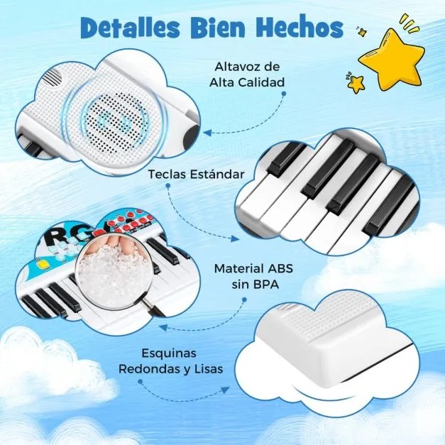 Teclado de piano para crianças elétrico portátil de 49 teclas com 8 ritmos, 8 tons e 10 demonstrações Instrumento musical branco