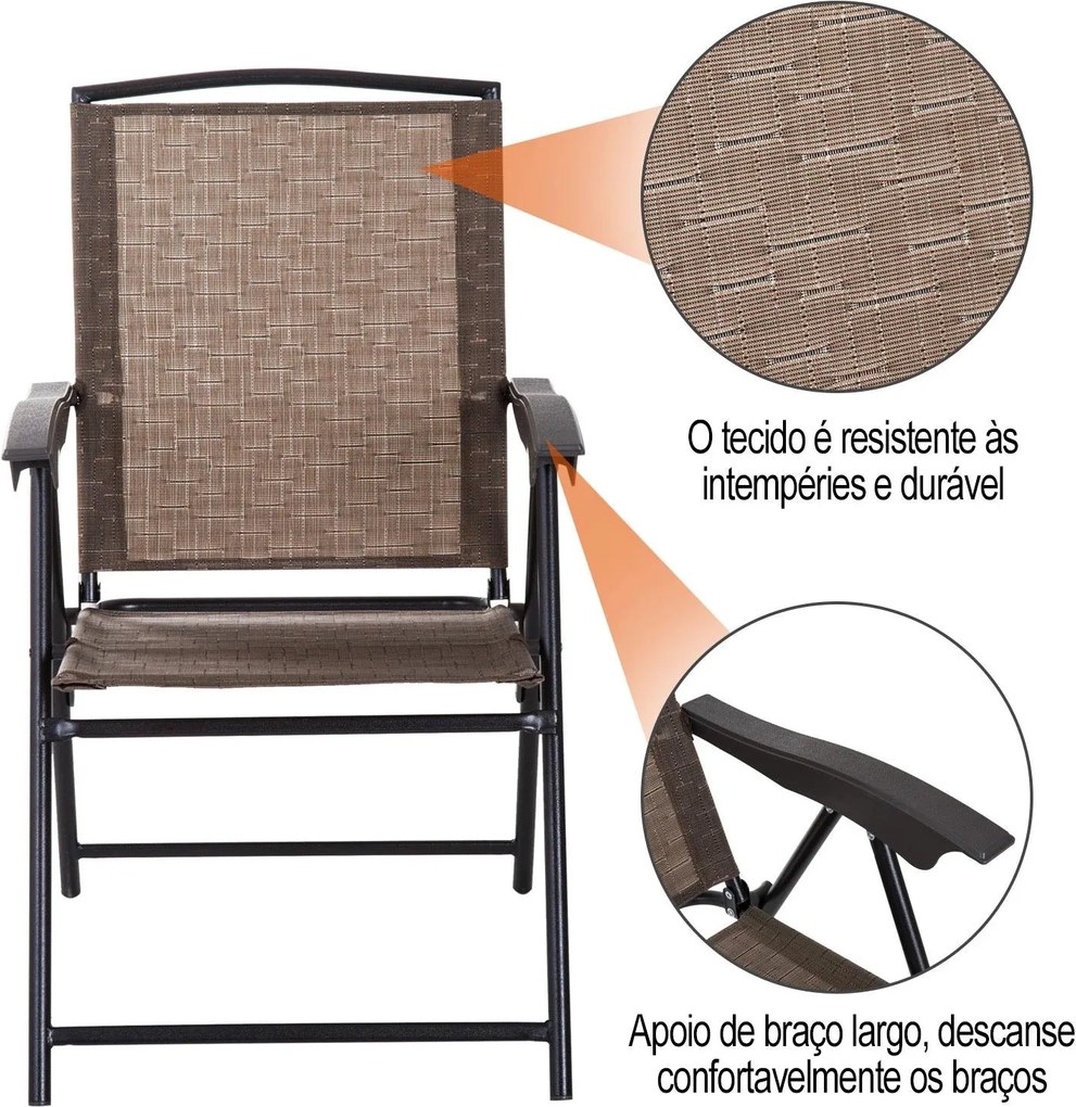 Conjunto de Mesa e 2 Cadeiras Cadeira Dobrável Encosto Reclináveis a 4 Níveis Armação de Aço Castanho