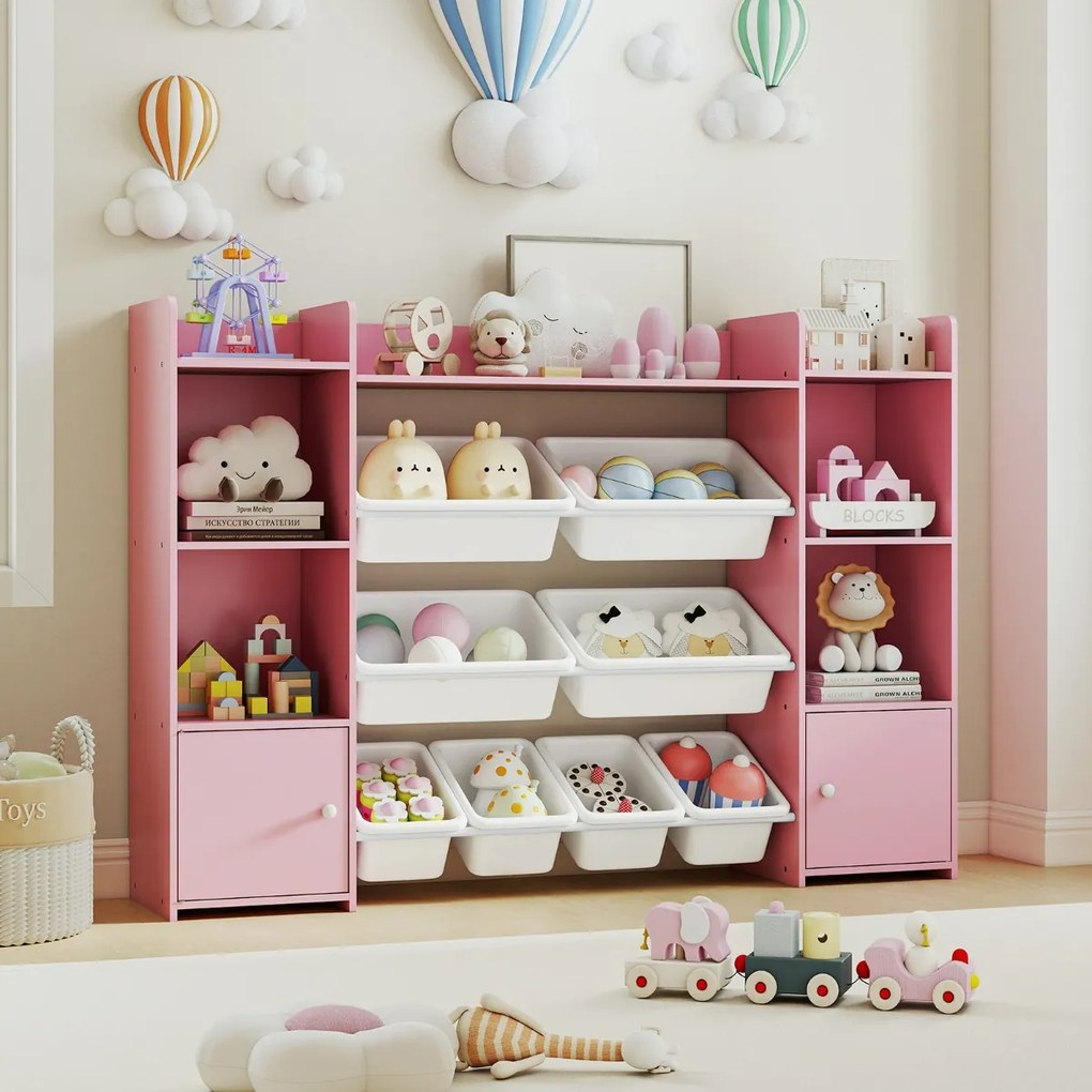 Estante infantil grande para guardar brinquedos de 4 níveis com 8 caixas removíveis para quarto 142 x 30 x 100 cm Rosa