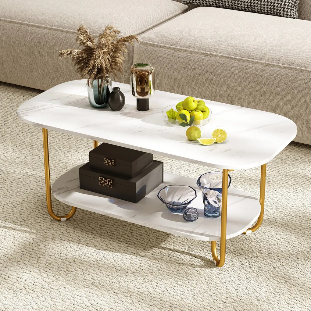 Mesa de centro retangular 100 x 50 x 45 cm com tampo de mármore artificial de 2 níveis com estrutura metálica Branco e dourada