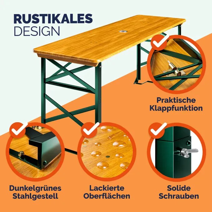 Mesa para jardim, campismo, tendas, piquenique (GUARDA SOL NÃO INCLUIDO) 170x50x75-105cm regulável em altura e dobravel Verde e Castanha