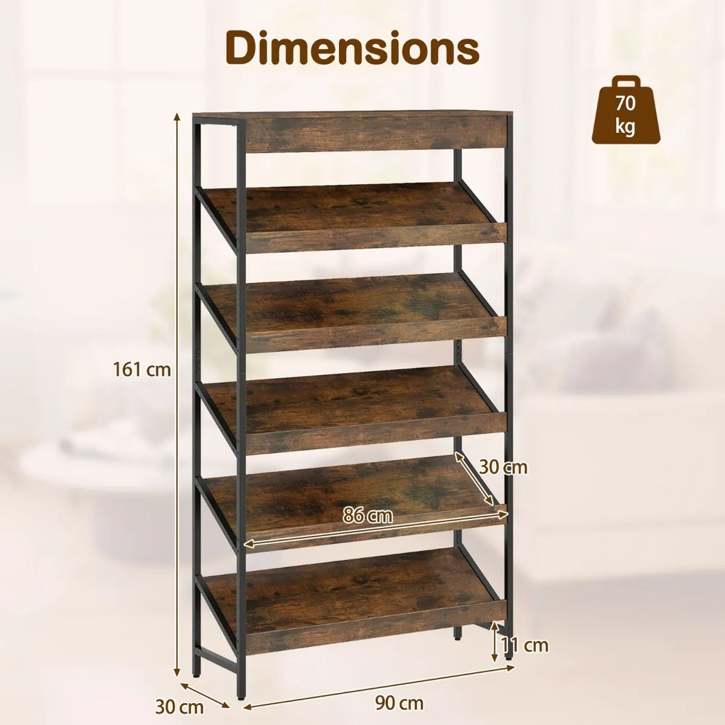 Estante de 6 níveis 90 x 30 x 161 cm inclinada com estrutura metálica resistente de madeira Castanho