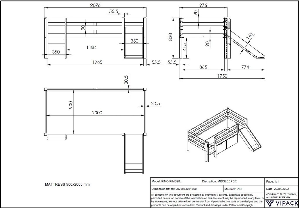 Conjunto Cama alta de Criança PINO 90 x 200 cm + estrado + escada + escorrega + conjunto de 2 gavetas e prateleira suspensa Branca