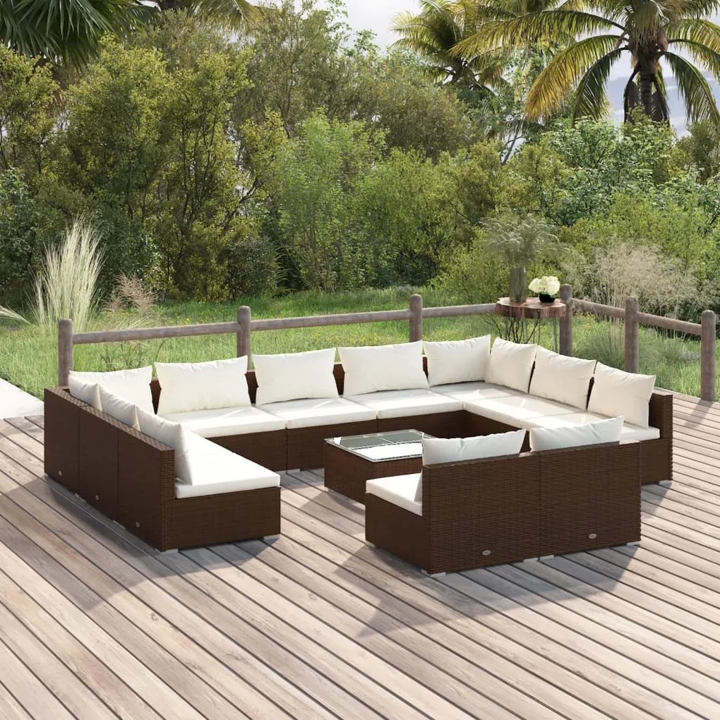 12 pcs conjunto lounge de jardim c/ almofadões vime PE castanho