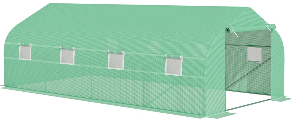 Outsunny Estufa Tipo Túnel de Jardim 600x300x200cm para Cultivo de Plantas Verduras com 8 Janelas e Porta Enroláveis com Zíper Aço Verde