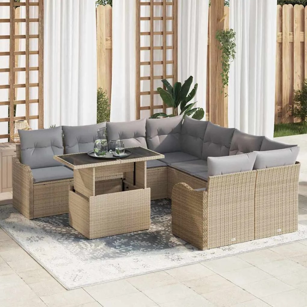 vidaXL Conjunto de Sofá de Jardim 9 pcs Bege Rattan de Polipropileno