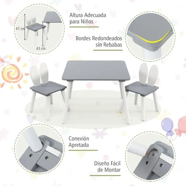 Conjunto de mesa e cadeiras para crianças Mesa quadrada 2 cadeiras desenho coelhos Cinzenta