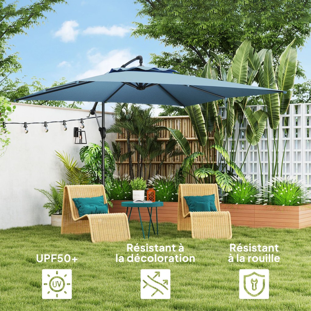 Guarda-sol  de 3 x 3 m com manivela, base em cruz, inclinação ajustável e rotação de 360°, de 180 g/m² azul