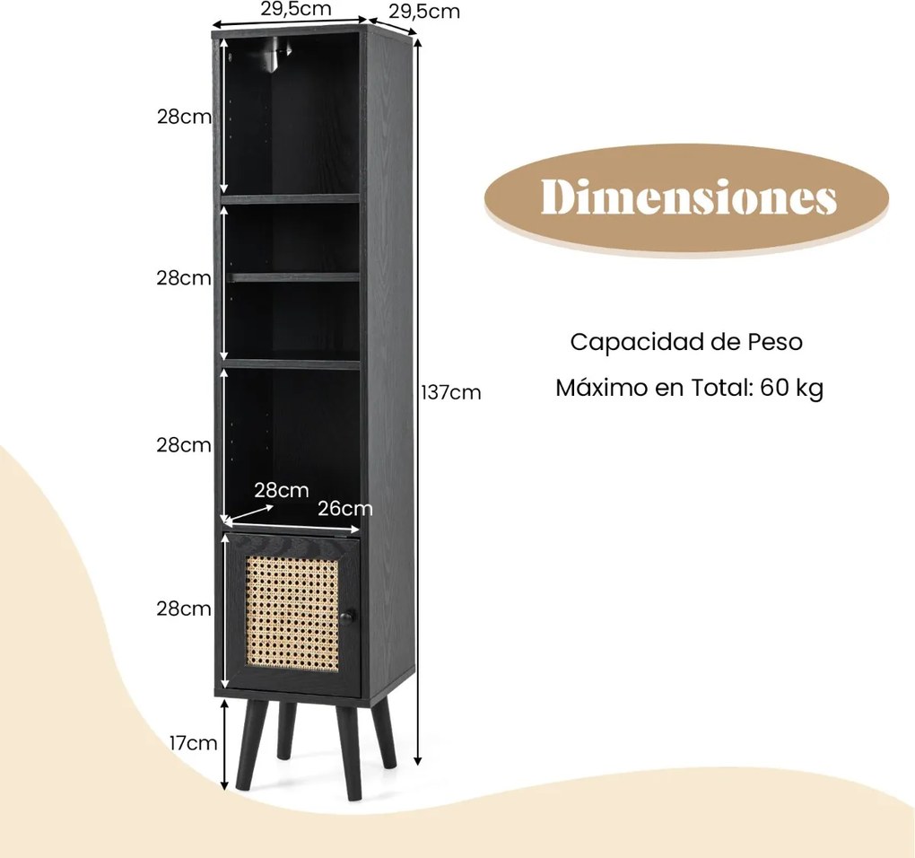 Estante em rattan estreito 29,5 x 29,5 x 137 cm com porta e prateleira ajustável para sala de estar Preto