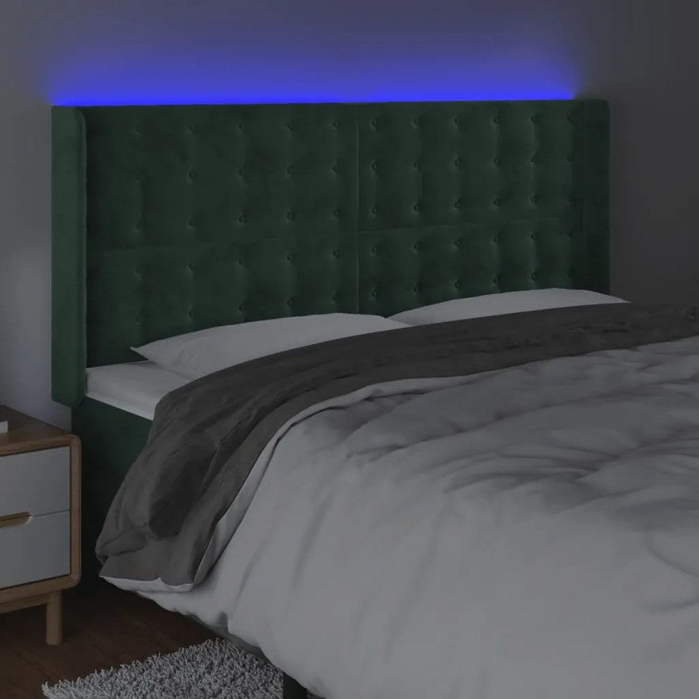 Cabeceira de cama c/ LED veludo 183x16x118/128 cm verde-escuro