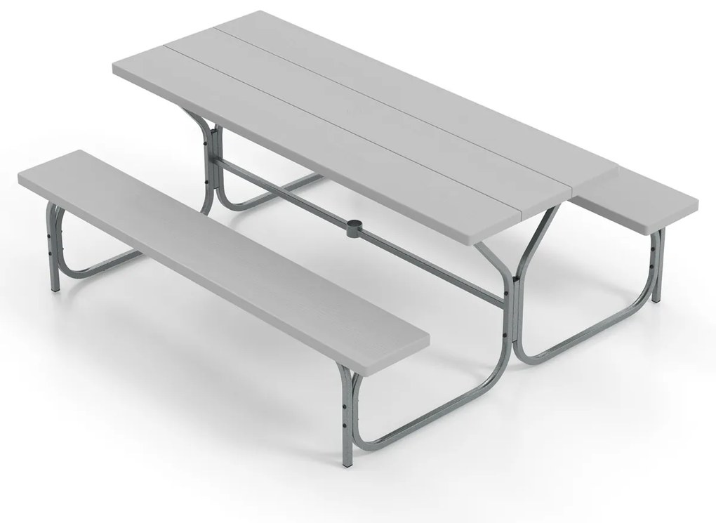 Conjunto jardim de 2 bancos e mesa para 8 pessoas com estrutura metálica Buraco para guarda-sol Cinzento