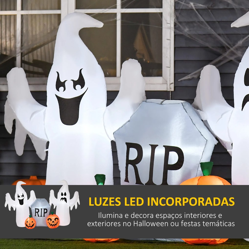HOMCOM Fantasmas Infláveis de Halloween com Luzes LED Decoração Inflável com Abóbora e Lápida para Interior Exterior 182x57x122cm Multicor
