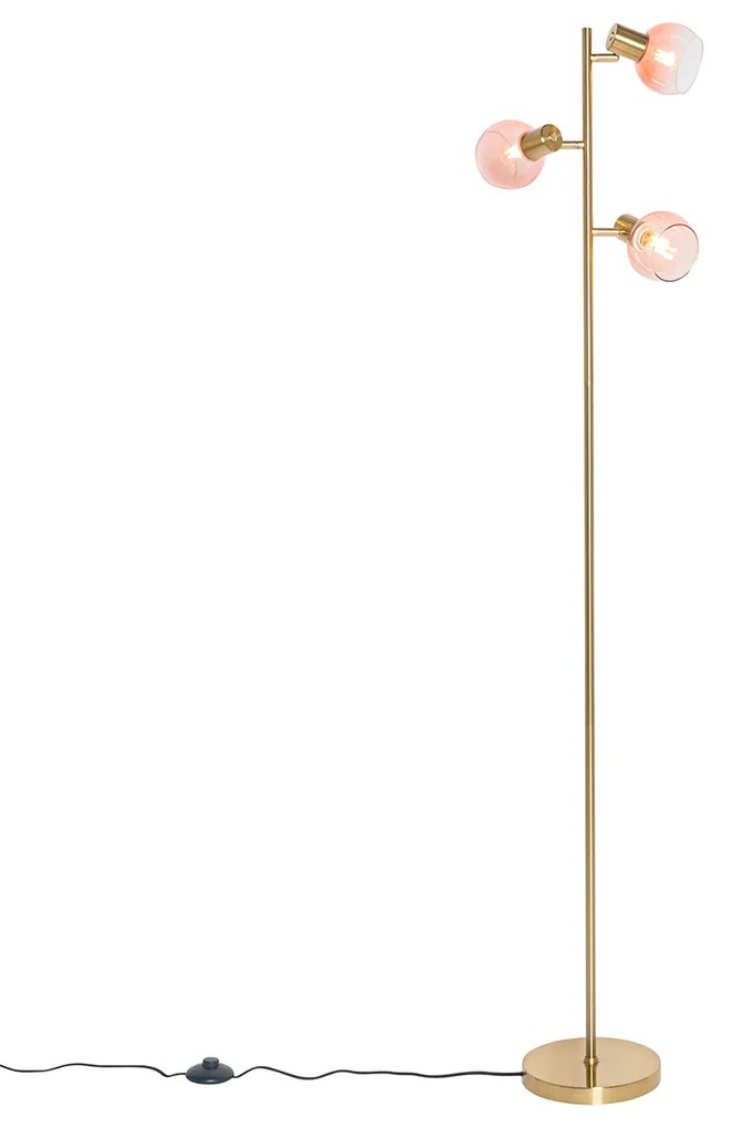 Candeeiro de pé Art Deco dourado com vidro rosa 3-luzes - Vidro