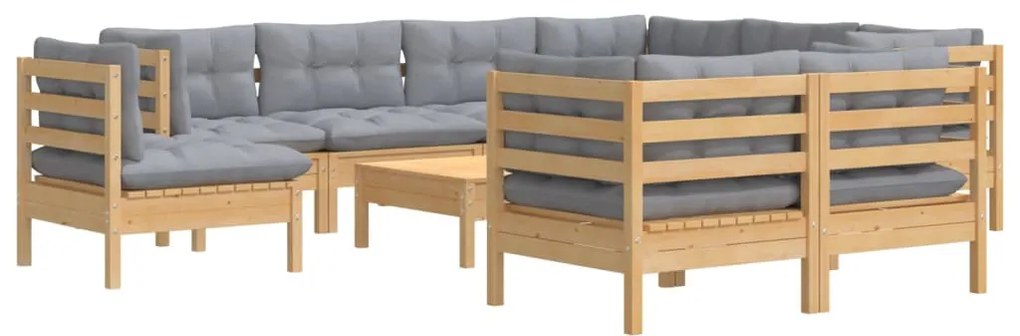 10pcs conjunto lounge de jardim + almofadões cinza pinho maciço