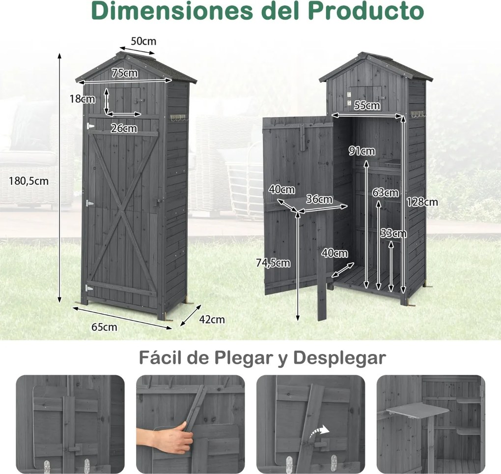 Abrigo de jardim 75 x 50 x 180,5 cm exterior Porta com fechadura Organizador de ferramentas Cinza