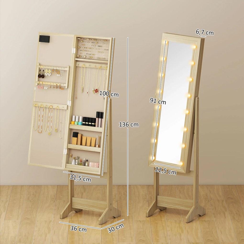 Espelho Joalheiro com Luzes LED Armário para Joias com Ângulo Ajustável Prateleiras Ranuras para Anéis 36x30x136 cm Madeira