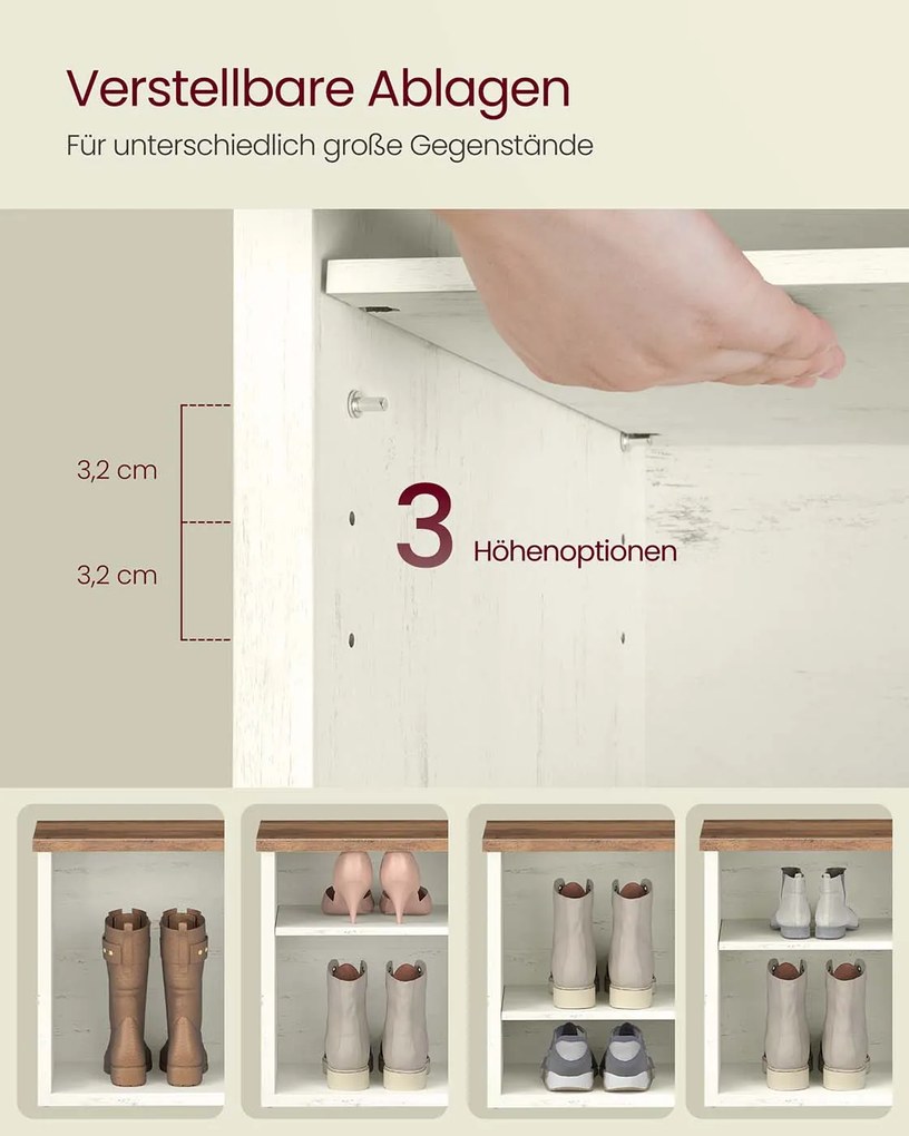 Banco sapateira 29,5 x 100 x 50 cm com espaço de arrumação e prateleiras ajustáveis branco vintage-castanho mel