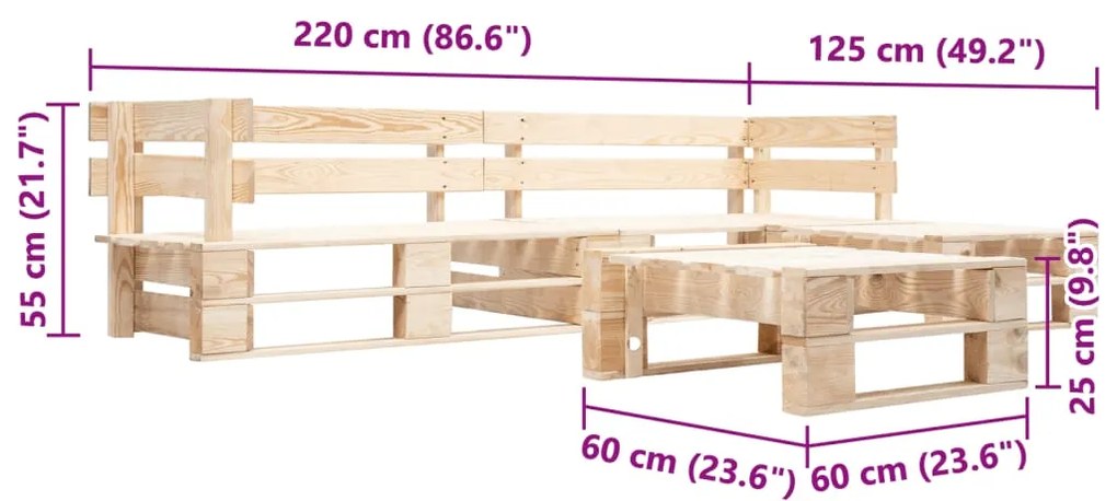 Sofás de paletes para jardim 4 pcs madeira natural
