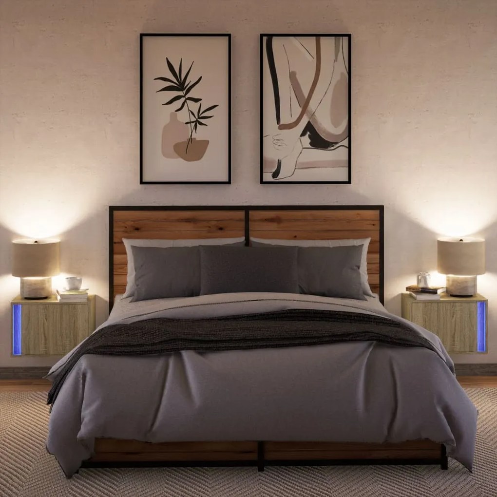 Mesas de cabeceira de parede com luzes LED 2pcs carvalho sonoma