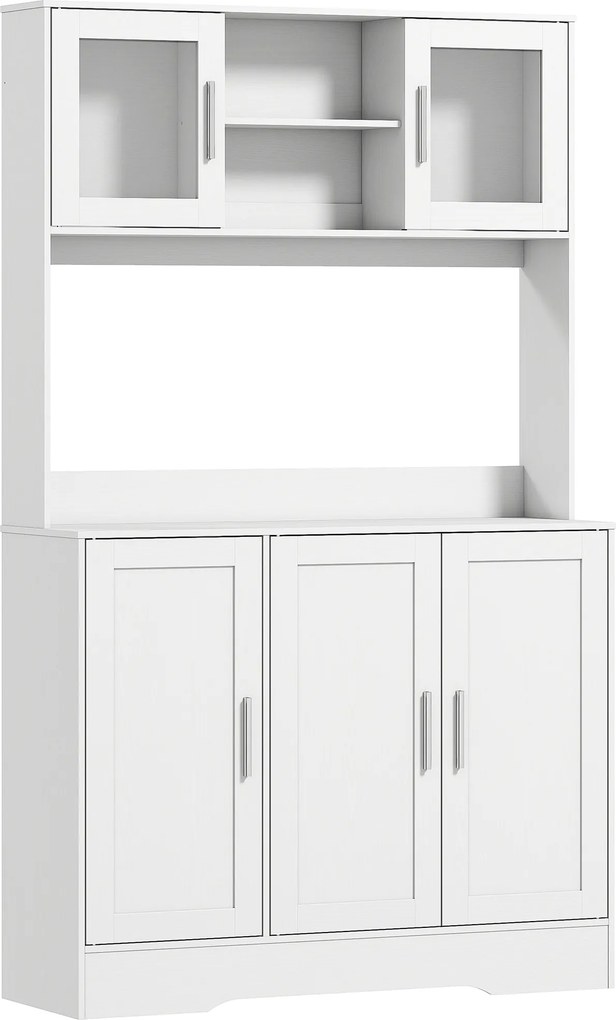 HOMCOM Armário de Cozinha com 2 Portas de Vidro Bancada Ampla para Micro-ondas Compartimentos Abertos Prateleiras Ajustáveis Branco | Aosom Portugal