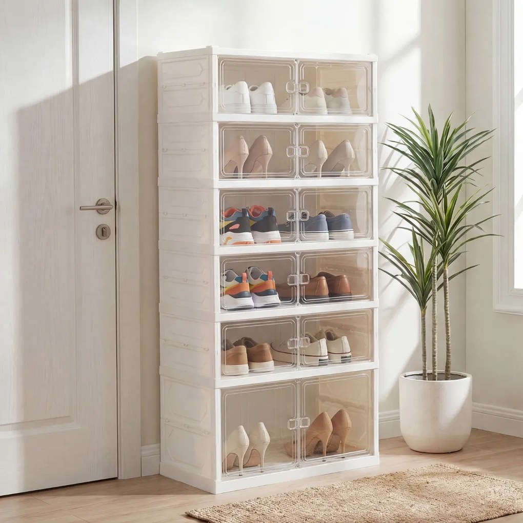 Caixas transparentes para sapatos com 12 compartimentos empilháveis com portas 45 x 35 x 117 cm, capacidade para sapatos até ao tamanho 46, em plástic