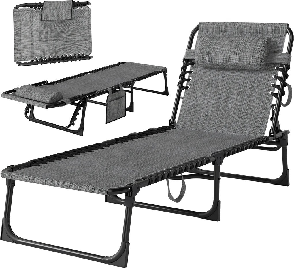 Espreguiçadeira dobrável com encosto reclinável em 5 posições e apoio para a cabeça removível, 189 x 58 x 30 cm, cinzenta