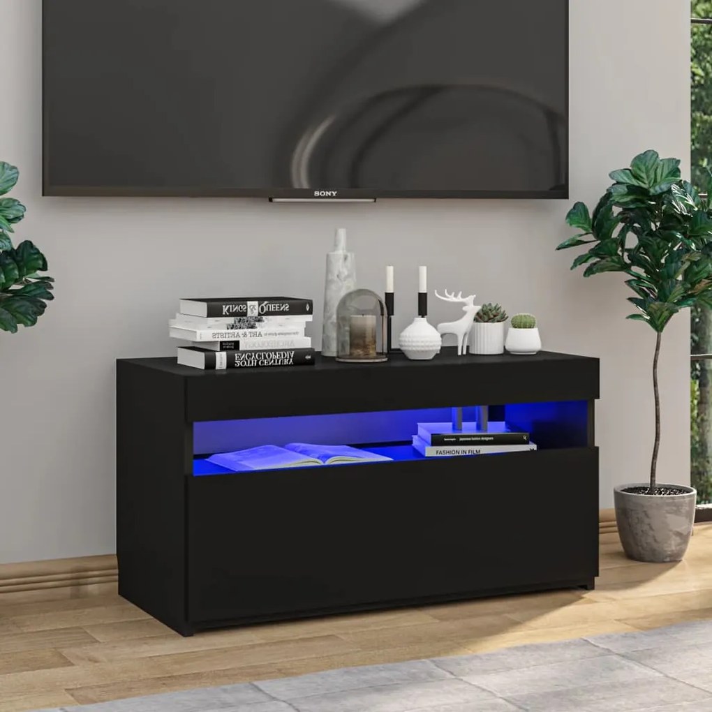 vidaXL Móvel de TV com luzes LED 75x35x40 cm preto brilhante