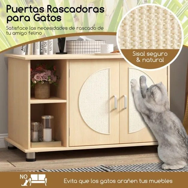 Caixa de areia para gatos com armário de arrumação Portas para arranhar Sisal Portas para raspar Sisal Pés de metal ajustáveis Casa de banho 82 x 48 x