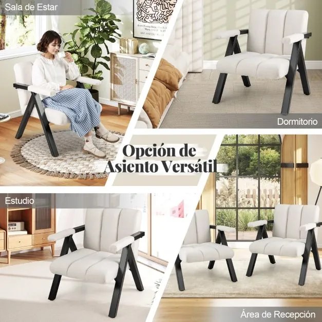 Poltrona lounge acolchoada com braços e estrutura em metal moderna Bege e Preto