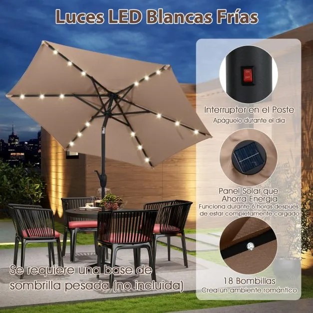 Guarda-sol LED com luzes LED Solares Sistema de inclinação com botão 230 x 230 x 225 cm Castanho Claro