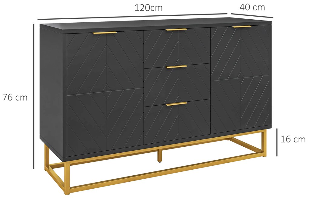 Aparador Auxiliar Armário de Armazenamento com 3 Gavetas e 2 Armários com Prateleira Ajustável 120x40x76 cm Preto