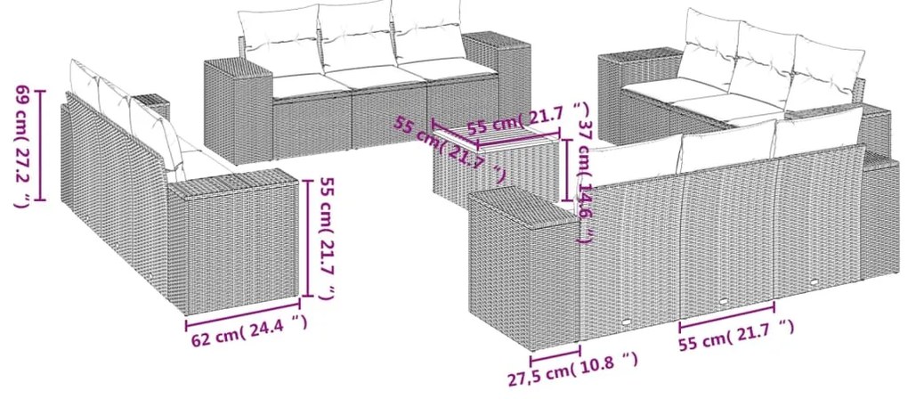 13 pcs conjunto de sofás p/ jardim com almofadões vime PE bege