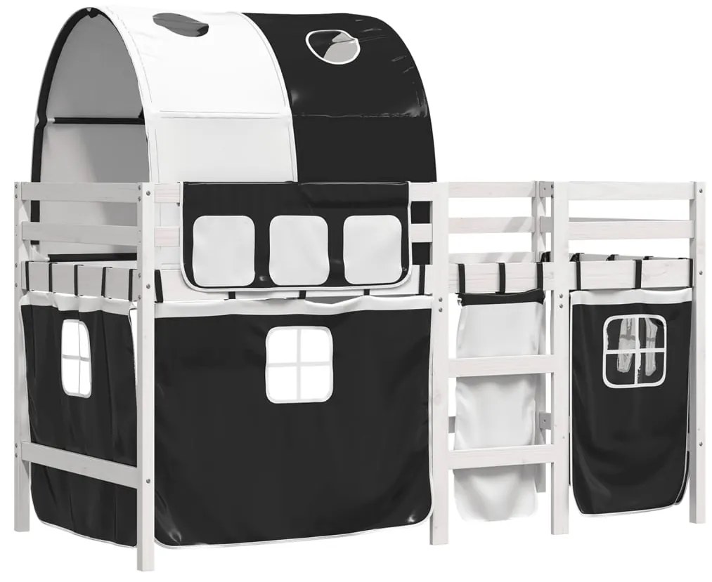 Cama alta criança c/ túnel 90x190 cm pinho maciço branco/preto