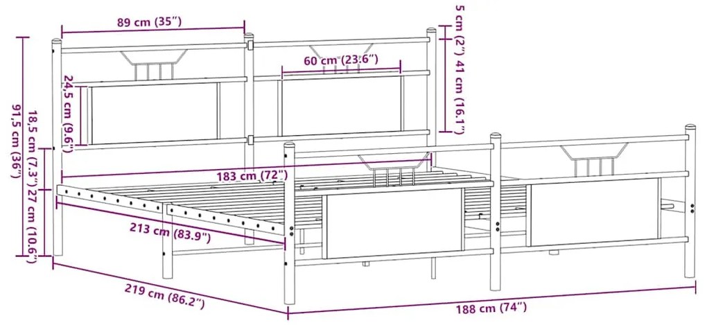 Estrutura de cama sem colchão 183x213cm metal carvalho fumado