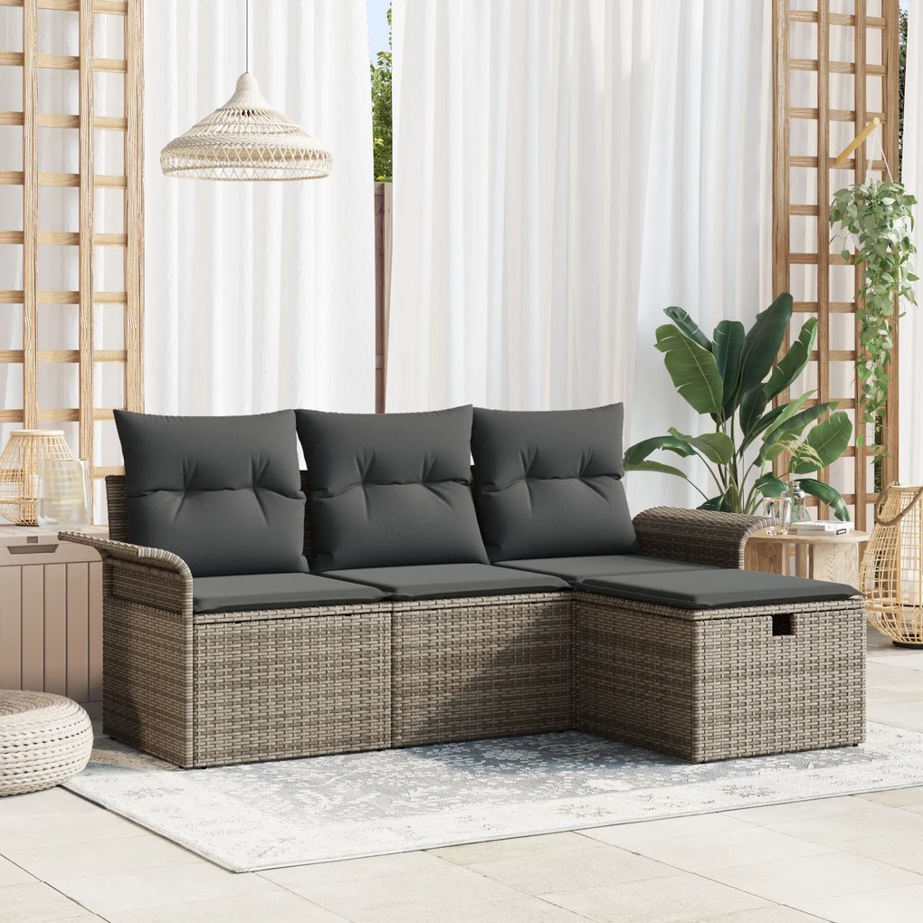 Conjunto de Sofá de Jardim de 4 Peças com Almofadas Cinza Rattan Polié