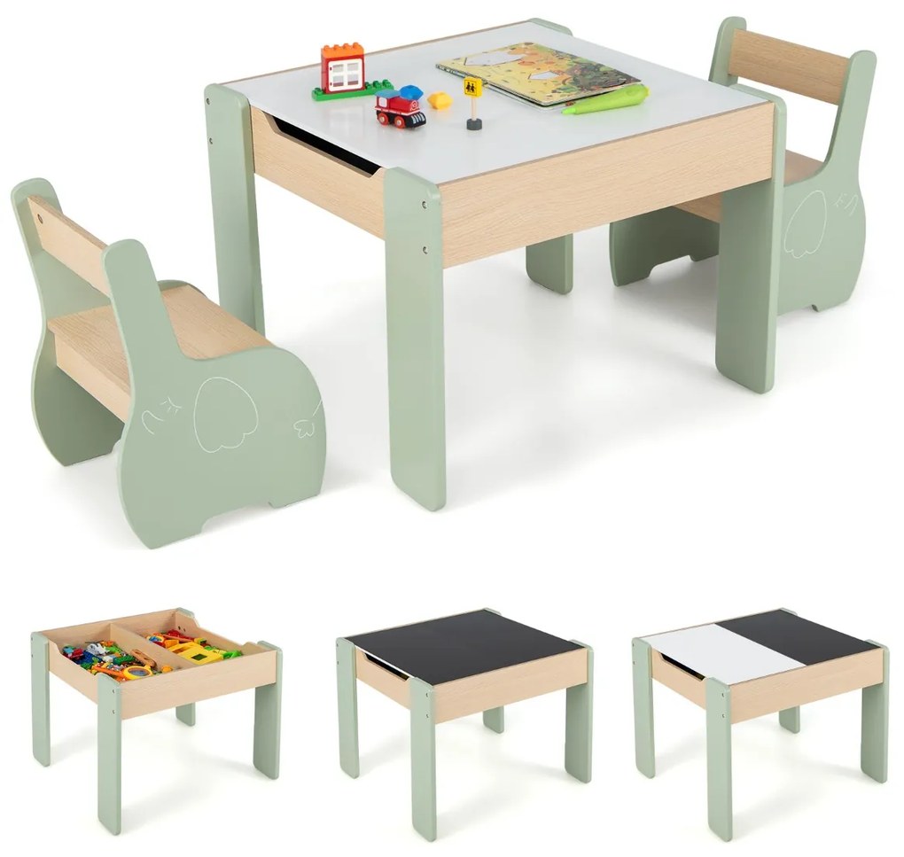 Conjunto de mesa para crianças e 2 cadeiras Mesa de actividades de madeira 4 em 1 para arte, desenho e leitura Quadro negro amovível Verde