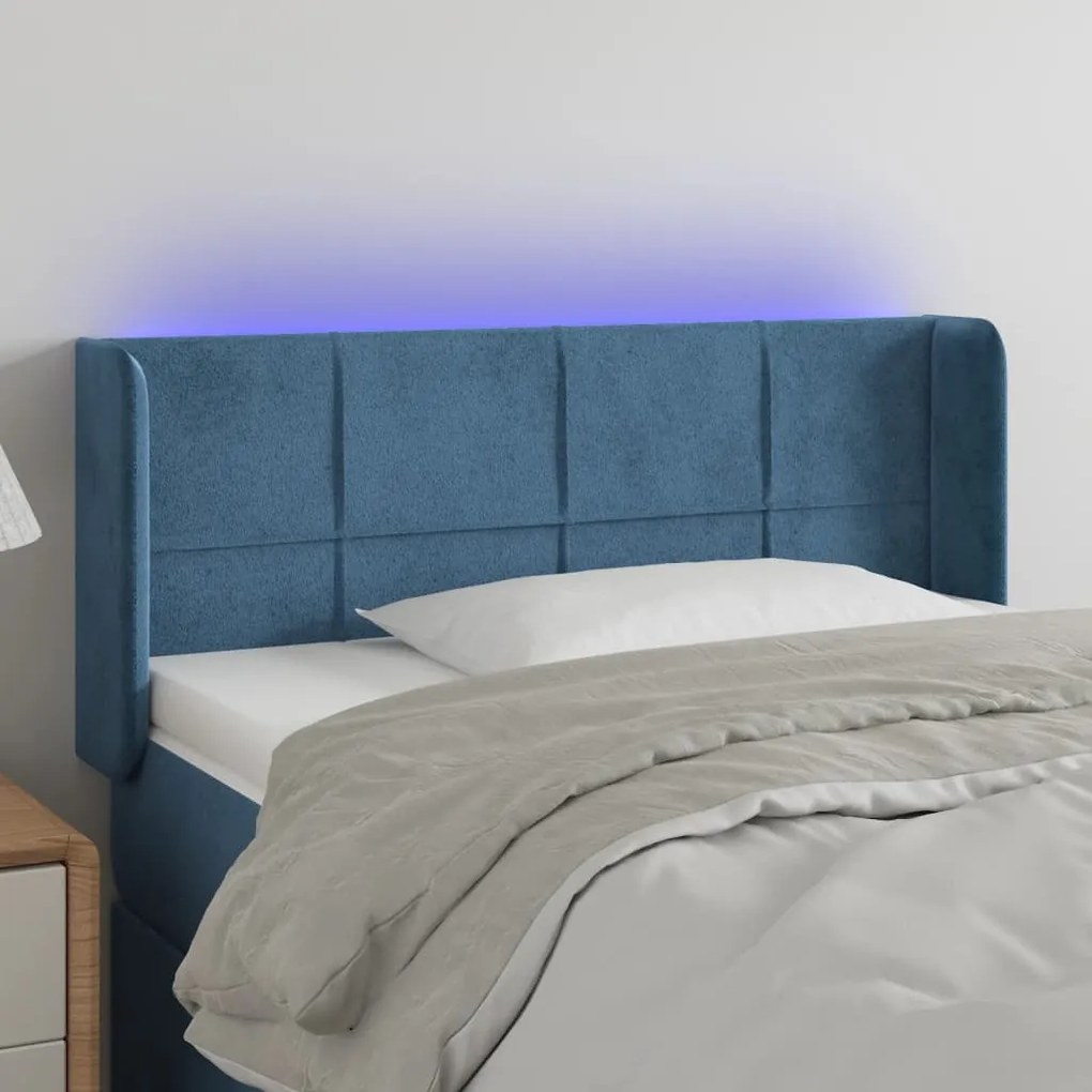 Cabeceira de cama c/ luzes LED veludo 93x16x78/88cm azul-escuro