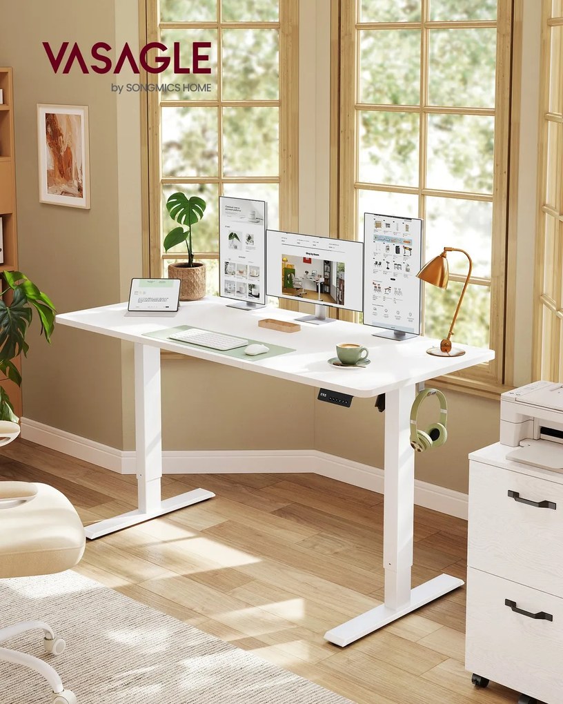 Secretária elétrica 140 x 60 x (72-120) cm com função de memória e 4 alturas, branca