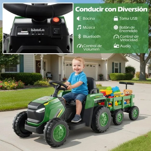 Trator Elétrico para crianças de 12V com Reboque Desmontável Comando à Distância Faróis LED Buzina Música Arranque Verde Escuro