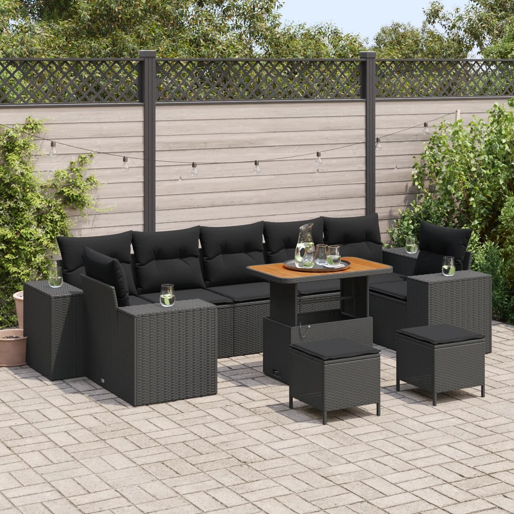 Conjunto de Sofá de Jardim vidaXL com Almofadas Preto Rattan Poliéster