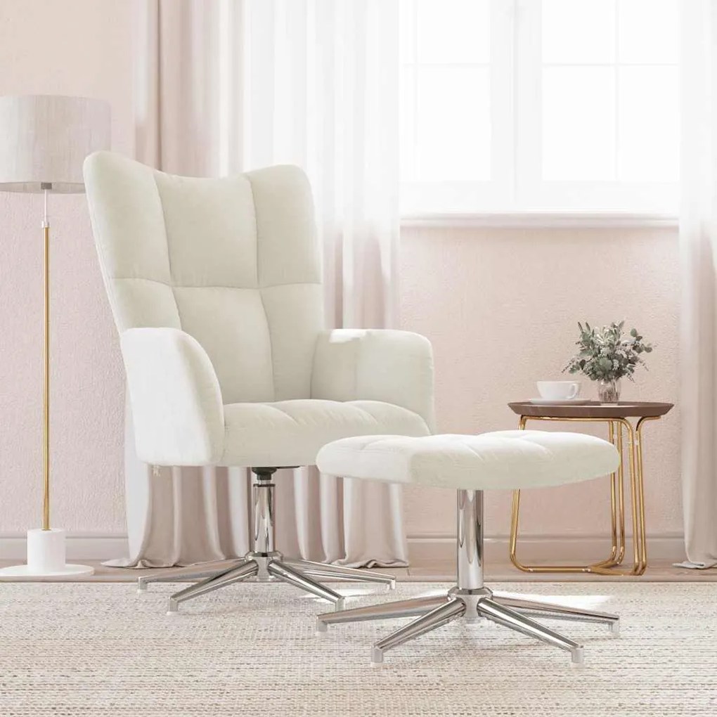 vidaXL Cadeira de descanso com banco veludo branco nata