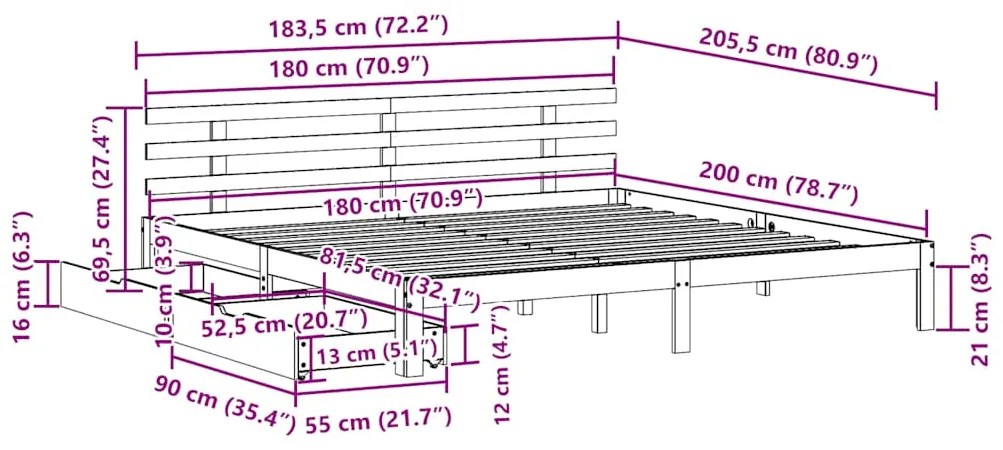 Estrutura de cama c/ gavetas 180x200 cm pinho maciça branco