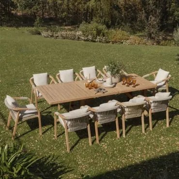 Conjunto De Mesa Retangular Extensível 200-260-320x100 Cm E 10 Cadeiras De Jardim Com Apoios De Braços Em Madeira De Acácia Duba Tecido Gardénia Branc