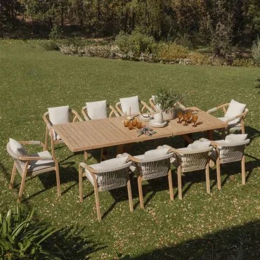 Conjunto De Mesa Retangular Extensível 200-260-320x100 Cm E 10 Cadeiras De Jardim Com Braços Em Madeira De Acácia Do Dubai - Sklum