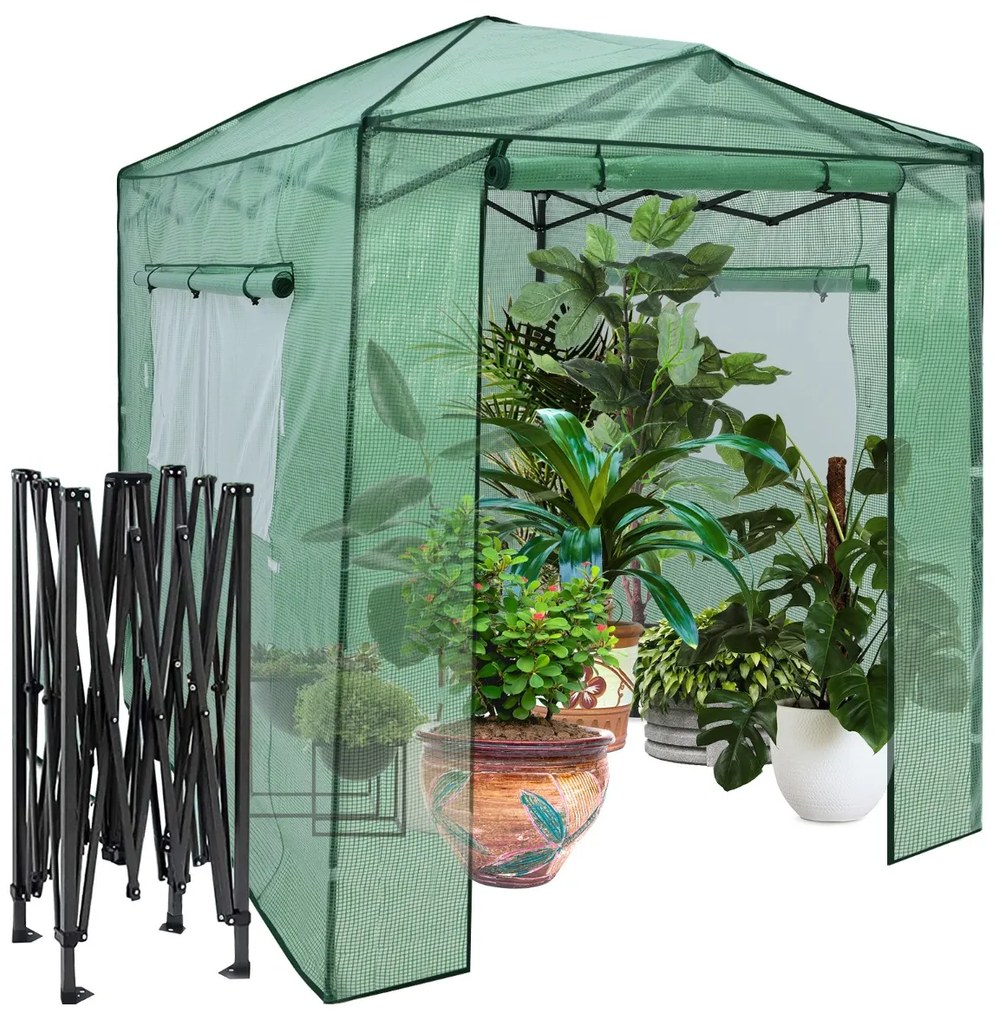 Estufa de jardim portátil com 2 janelas Portas de persiana com fecho de correr duplo à frente e atrás 180 x 250 x 230 cm Verde