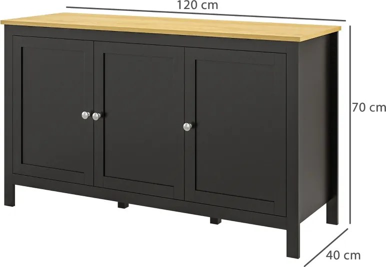 Aparador Sala de Estar com 3 Portas e Prateleiras Ajustáveis Estilo Moderno 120x40x70 cm Preto e Madeira