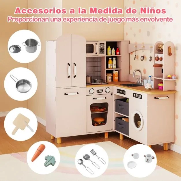 Cozinha de brincar de canto em madeira 96 × 91 × 105 cm com frigorífico de porta dupla, cafeteira, máquina de lavar roupa, 12 acessórios, luzes e sons