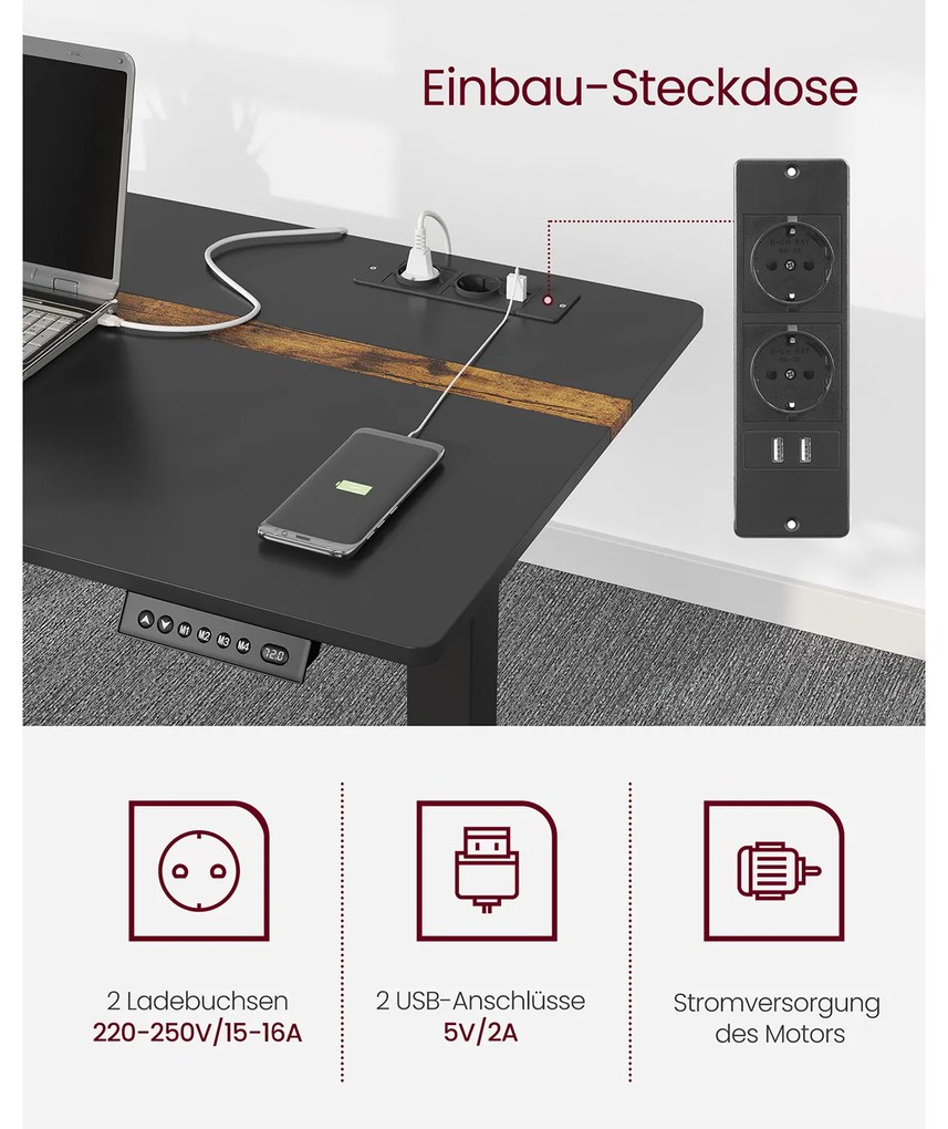 Secretária elétrica com altura ajustavel com 2 tomadas e 2 portas USB; e gaveta 60 x 140 x (72-120) cm preto